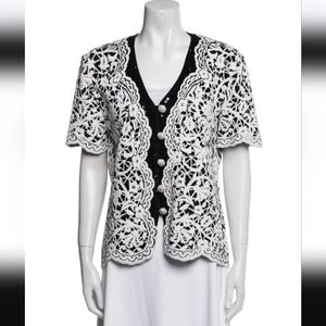 St. John White & Black Evening Wool Silk Floral Print Evening Top Jacket Size 2